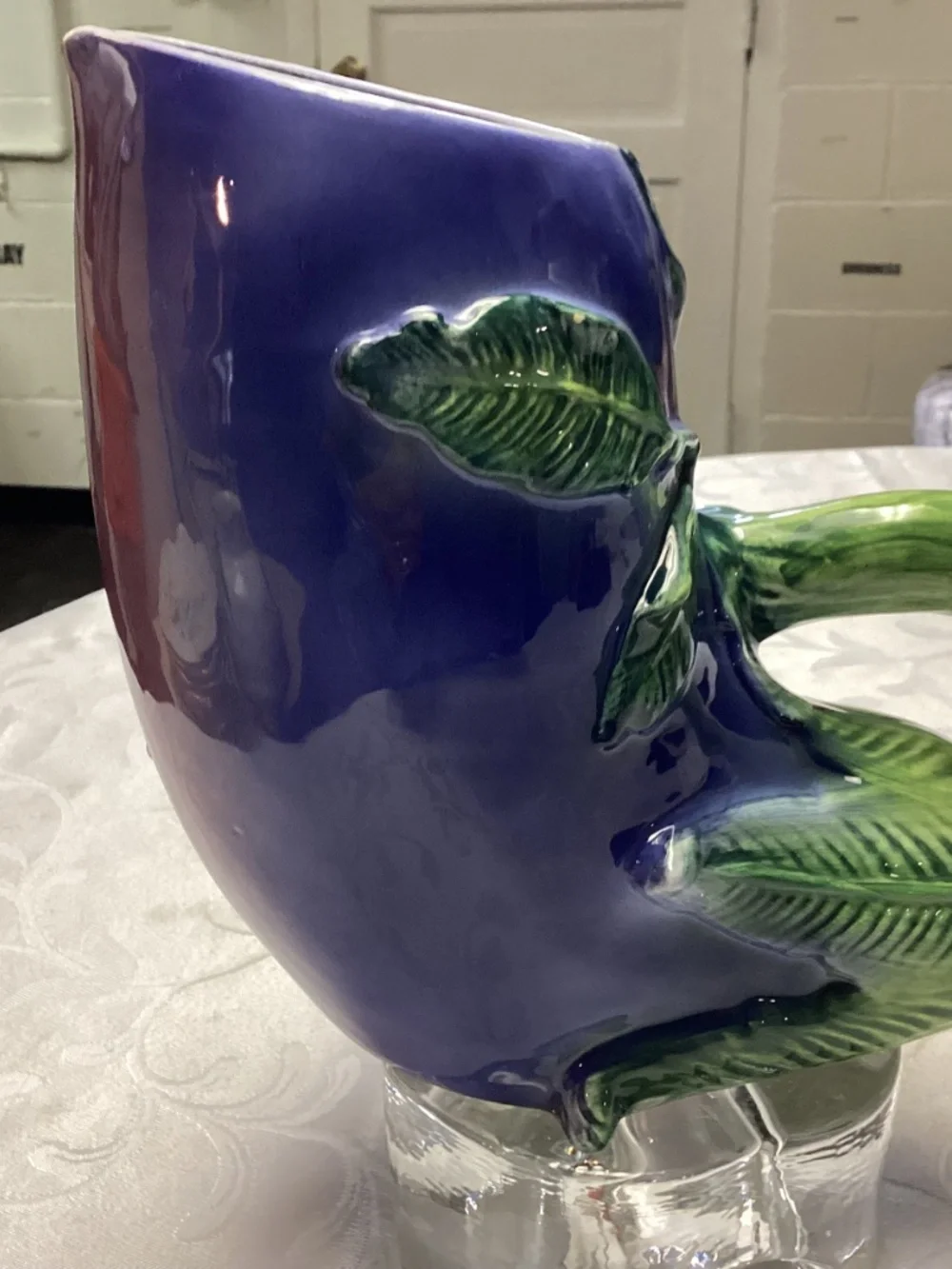 Eggplant pitcher majolica style. Fabulous item